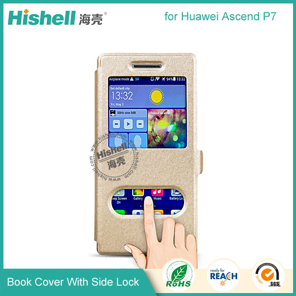 New Design Steel Wire Line Double Windows with PU leather Case for Huawei P7